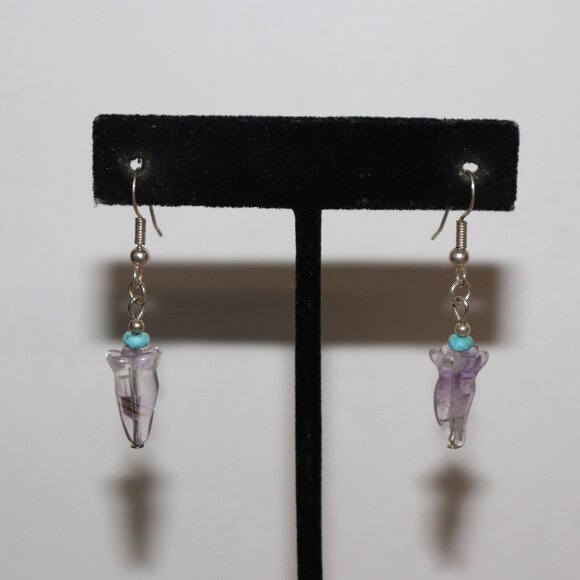 💜 Beautiful Silver & Carved Amethyst Stone Hook Earrings – 1.75" Natural Stones - Picture 1 of 4